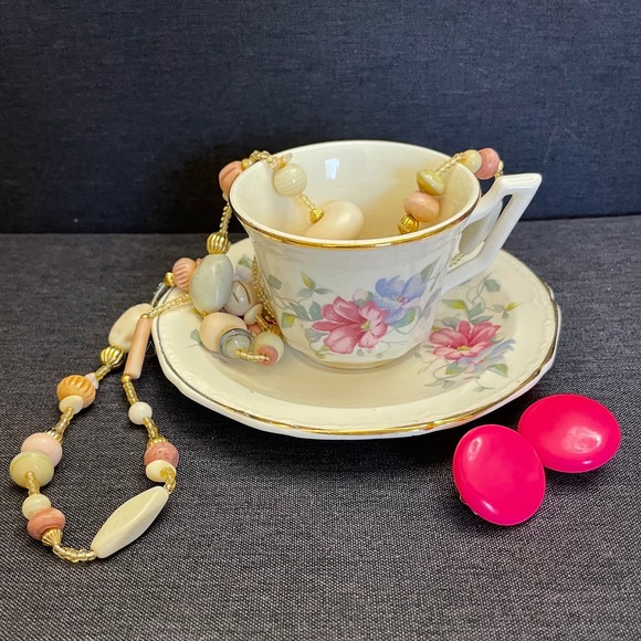 Vintage Tea Cup Necklace and Earrings Bundle Set Collection - Picture 1 of 8